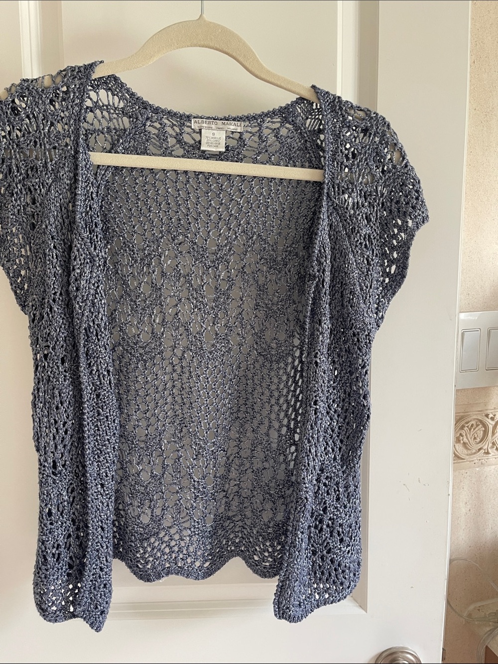 Alberto Makali Open-Weave Short Sleeve Cardigan in Slate Blue